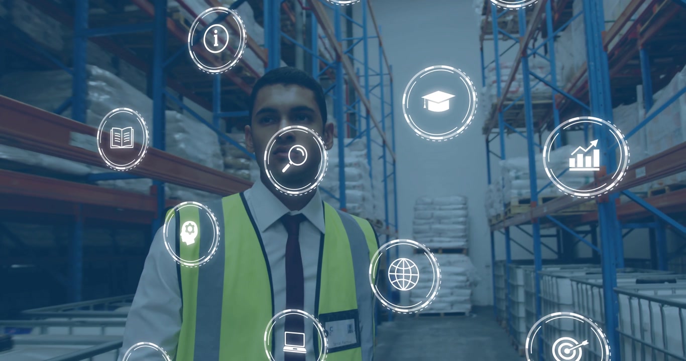 Supervisor walking warehouse aisle, activating AR HUD icons, scanning pallets for logistics audit