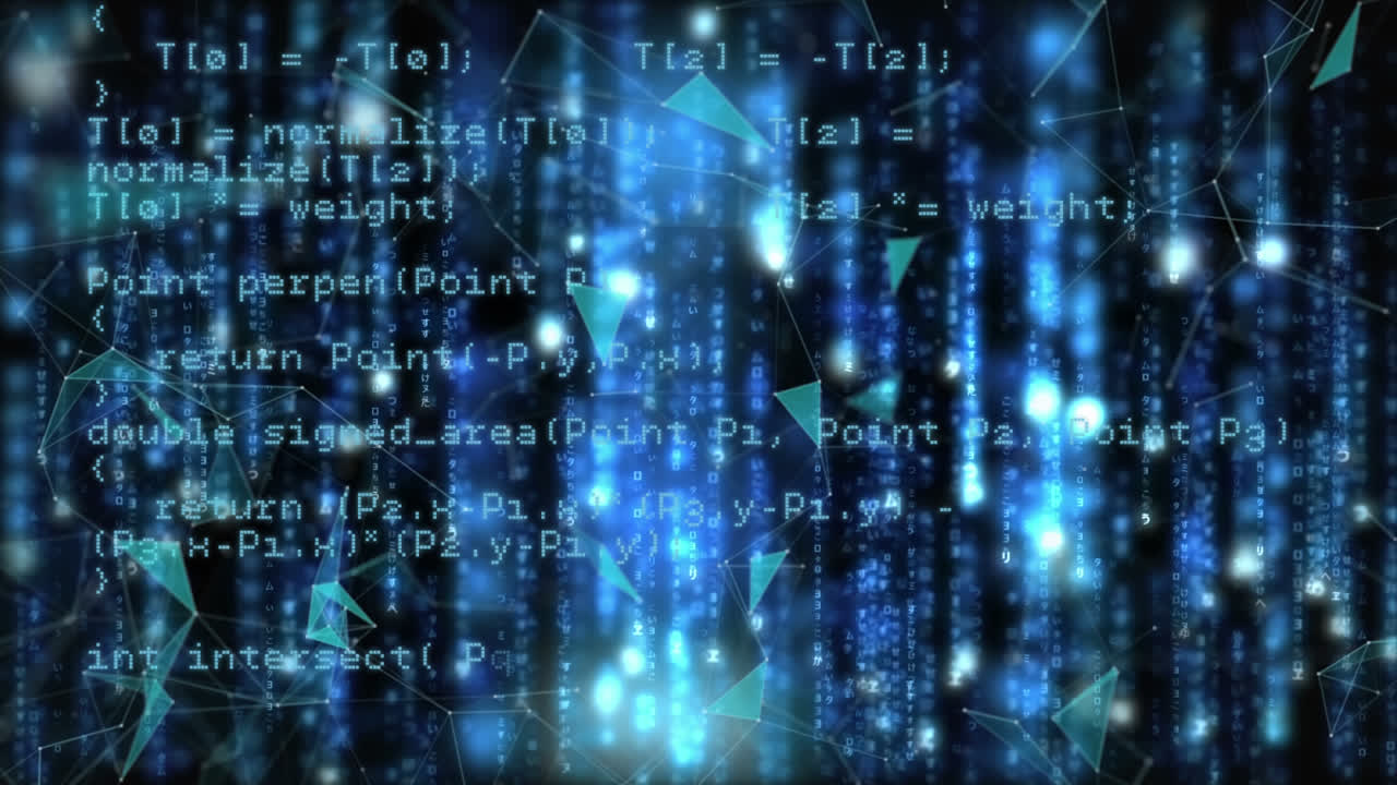 Animation of data processing and digital information flowing through screens on blue background