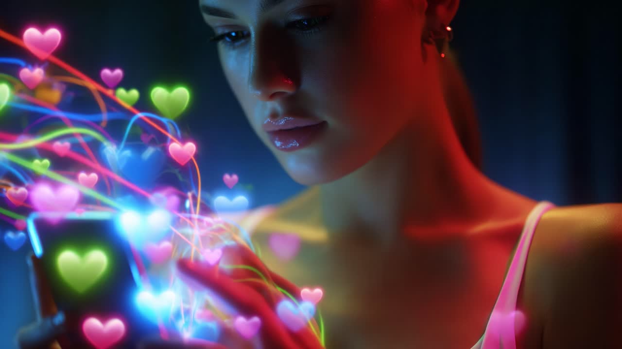 A young woman captivated by her smartphone, surrounded by vibrant glowing hearts and colorful light trails, reflecting her emotional connection and engagement with digital technology in a modern, artistic setting