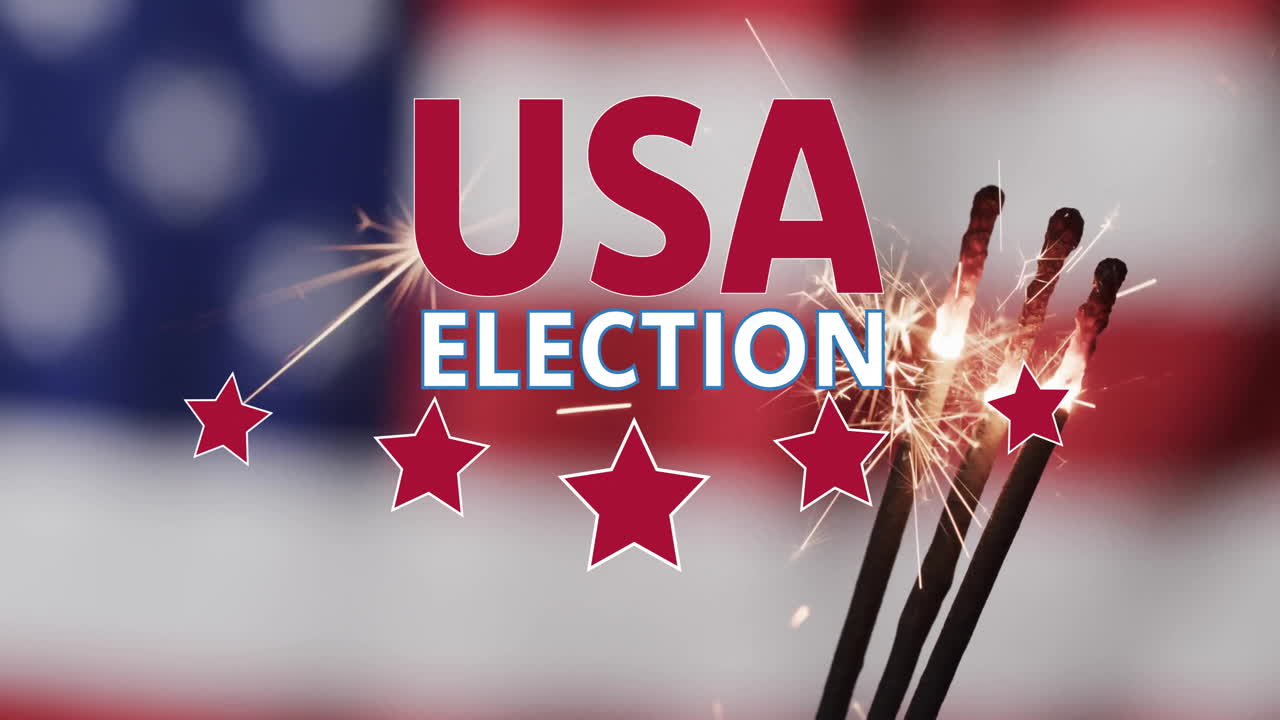 Animation of usa elections text over sparklers and american flag