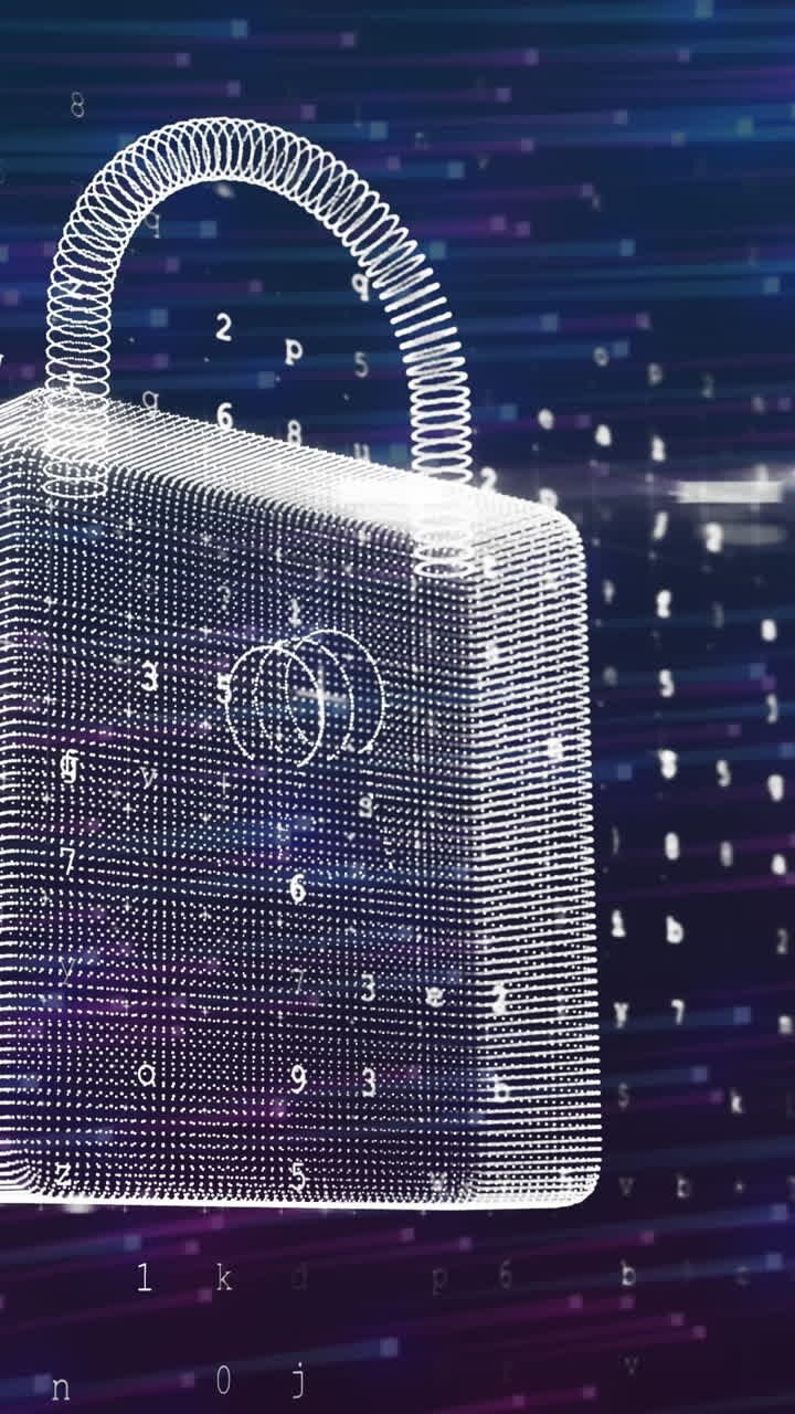 Animation of digital padlock on navy background with lights