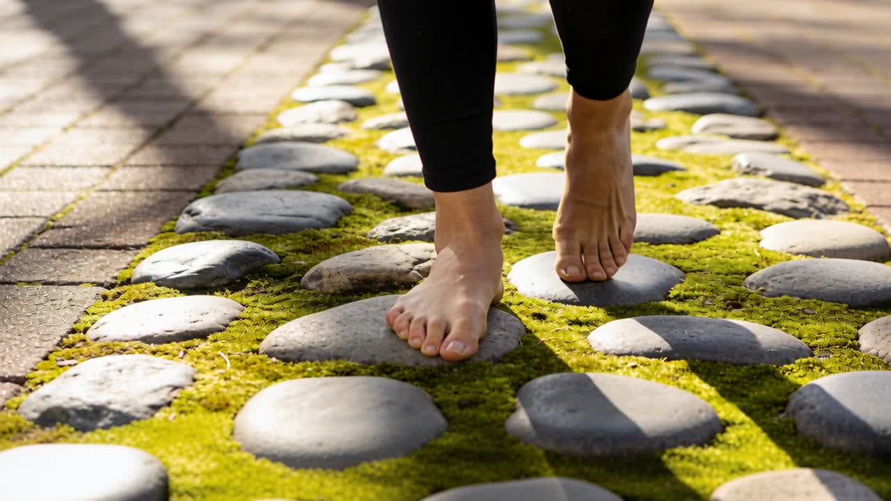 Sunlight urging barefoot walker placing steps along mossy rounded stones path with black leggings