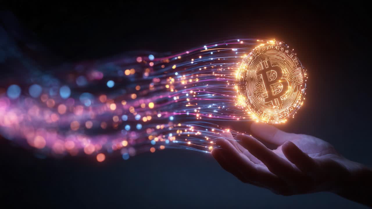 Conceptual animation of a digital bitcoin coin levitating over a human hand, with glowing light trails representing data transfer and blockchain technology on a dark, futuristic background