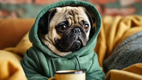 a pug dog wrapped up in a blanket with a cup of coffee