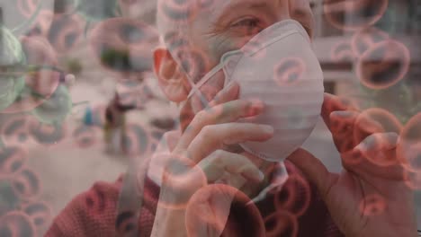 animación de células de covid-19 moviéndose sobre un hombre con una máscara facial