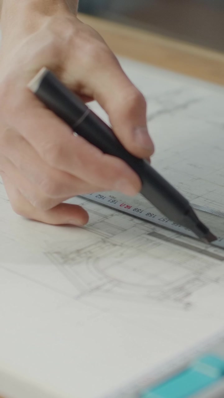 Arkitekt ritar detaljerade byggritningar vid ritbord
