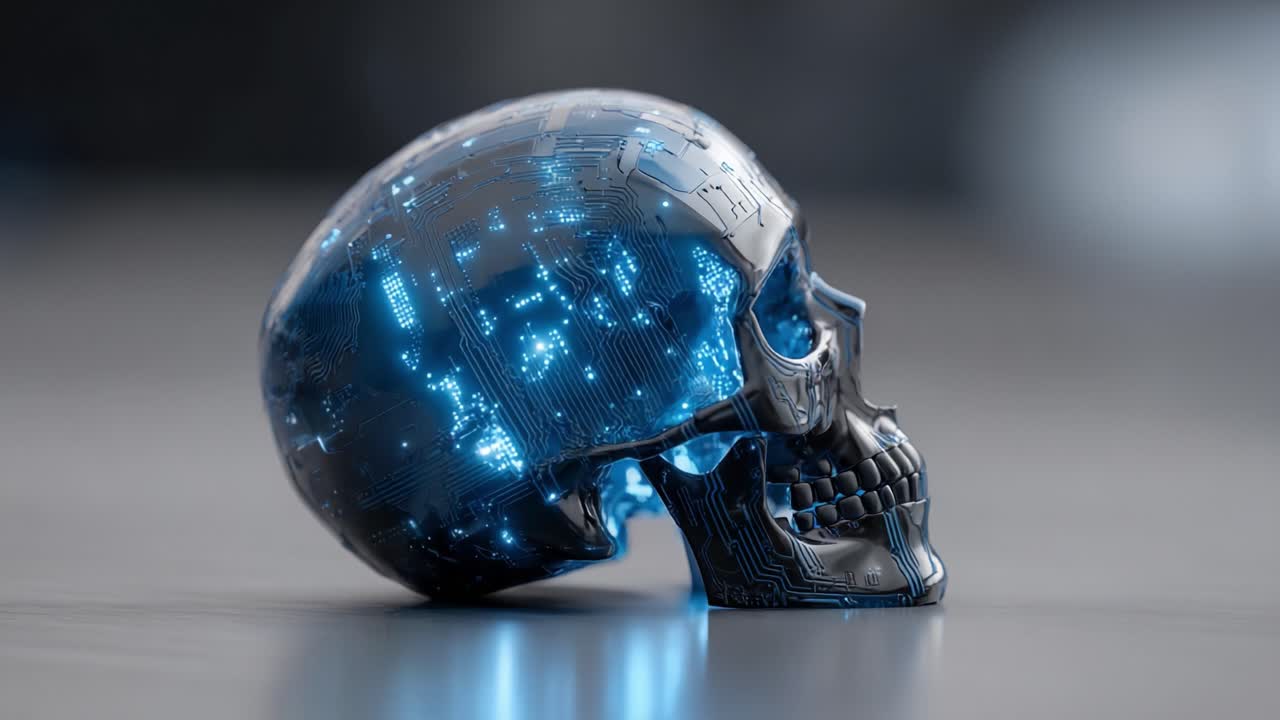 Teschio Cibernetico Futuristico: Una Rappresentazione Luminosa della Tecnologia che si Fonende con la Mortalità, Simboleggiando l'Intersezione tra Vita e Innovazione Digitale