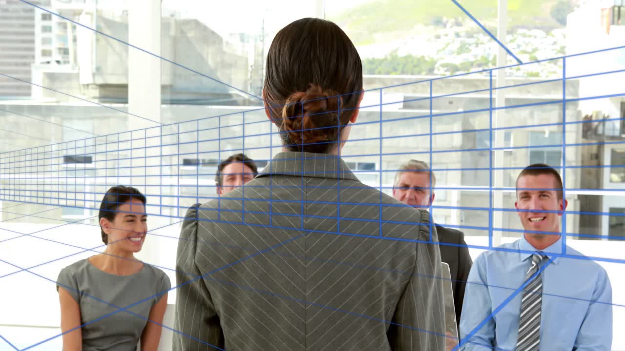 사무실에서 다양한 사업가들을 가로지르는 파란 선의 애니메이션