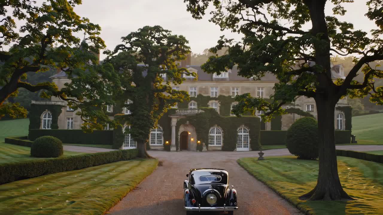Aerial video captures a vintage car approaching a grand chateau at sunset, highlighting classic