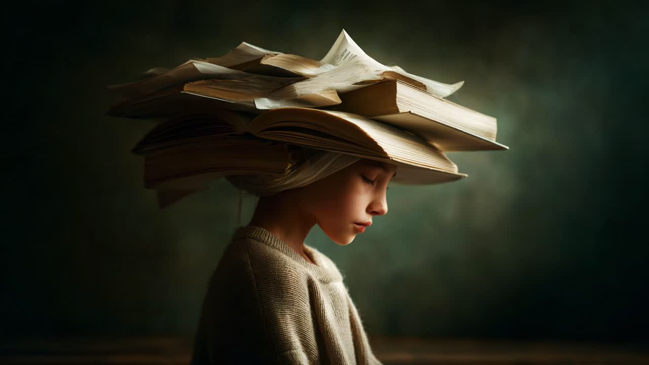 A thoughtful child with an imaginative twist, balancing a whimsical stack of books on their head, showcasing creativity and curiosity in a captivating artistic presentation