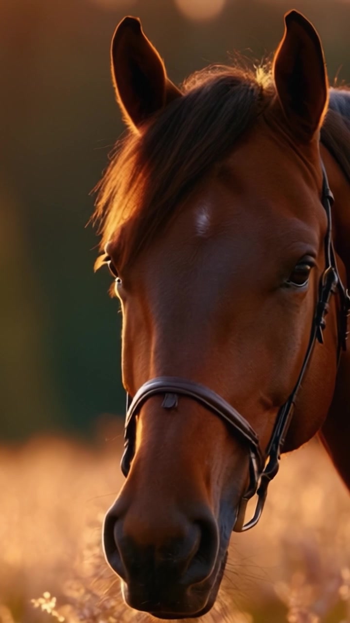 Un maestoso primo piano di un bellissimo cavallo con un manto lucido, circondato da una retroilluminazione naturale e luminosa, che cattura l'essenza della grazia e della bellezza equina