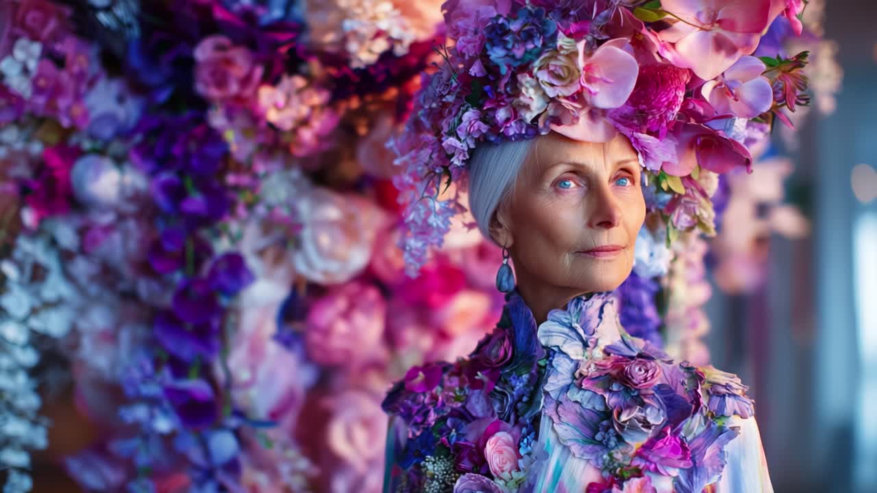 A Stunning Portrait of Graceful Elegance: A Woman Dressed in a Blooming Floral Ensemble Surrounded by a Cascade of Colorful Flowers, Highlighting Beauty and Artistry Captured in Imagery