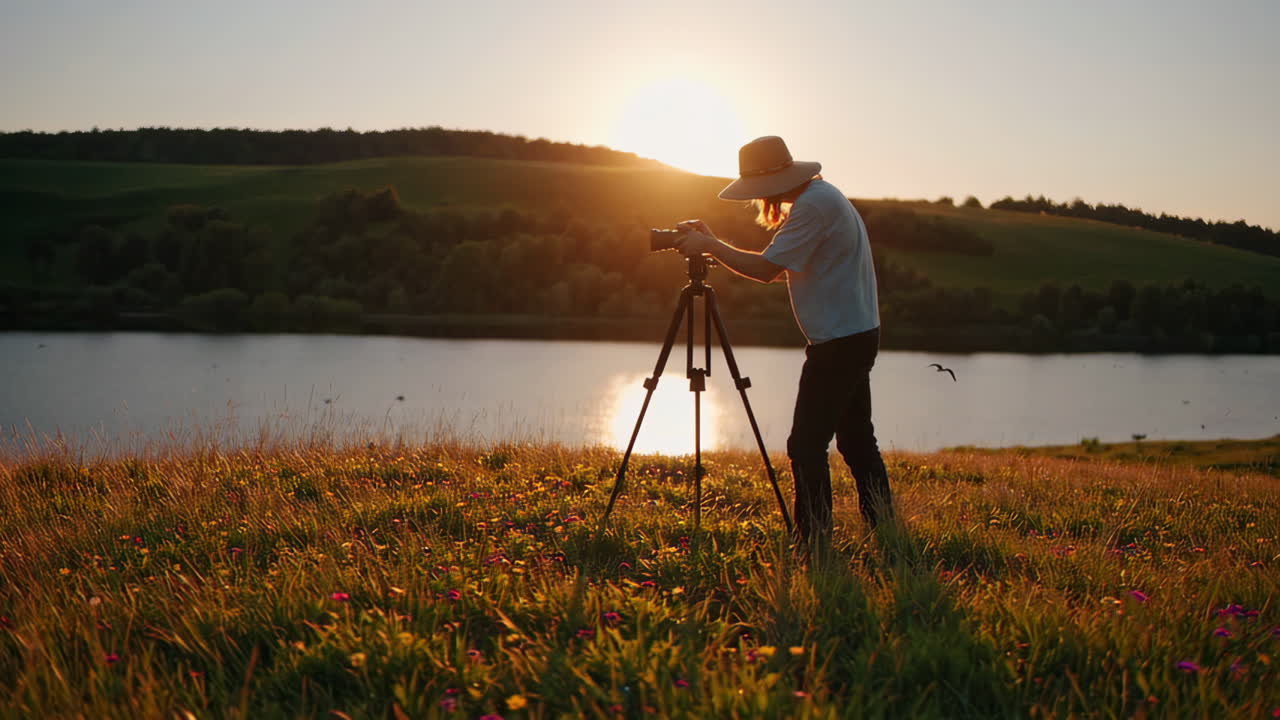 Photographer taking sunset pictures by the lake