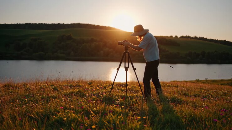 Photographer taking sunset pictures by the lake