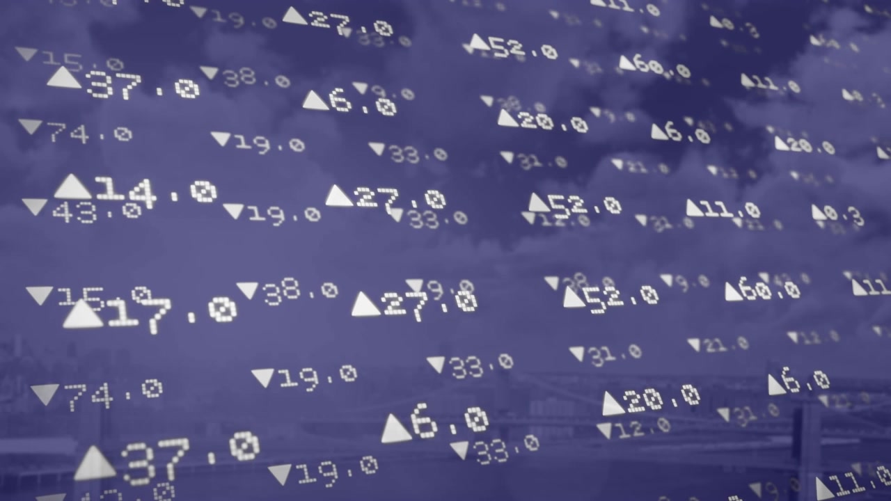 Animation of stock market data processing against aerial view of cityscape