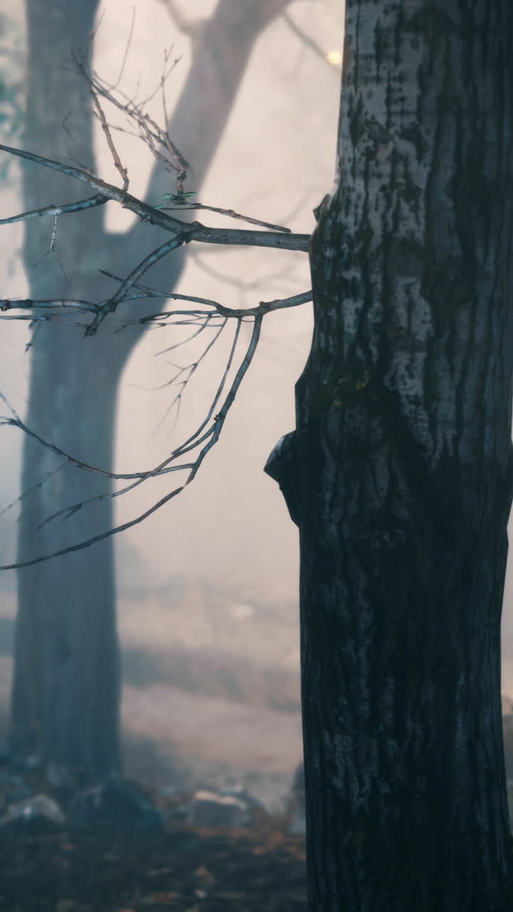 Tronco d'Albero Nebbioso nella Foresta
