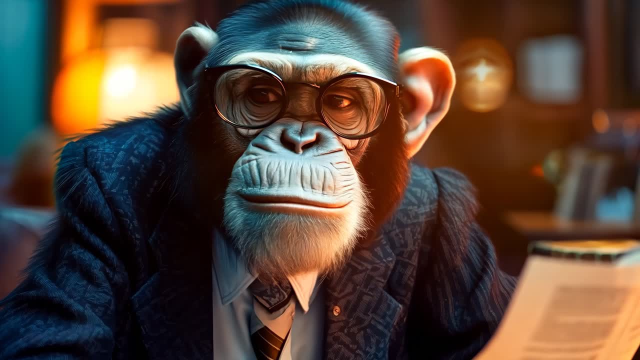 신문을 읽는 테이블에 앉아 있는 침팬지