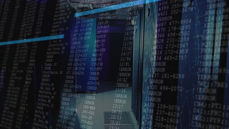 Animation of computer code and error messages over server racks in data center