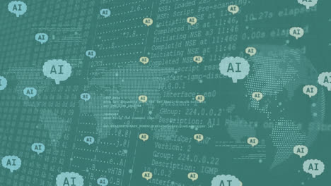 animation of ai data processing over connections with ai icons with globe
