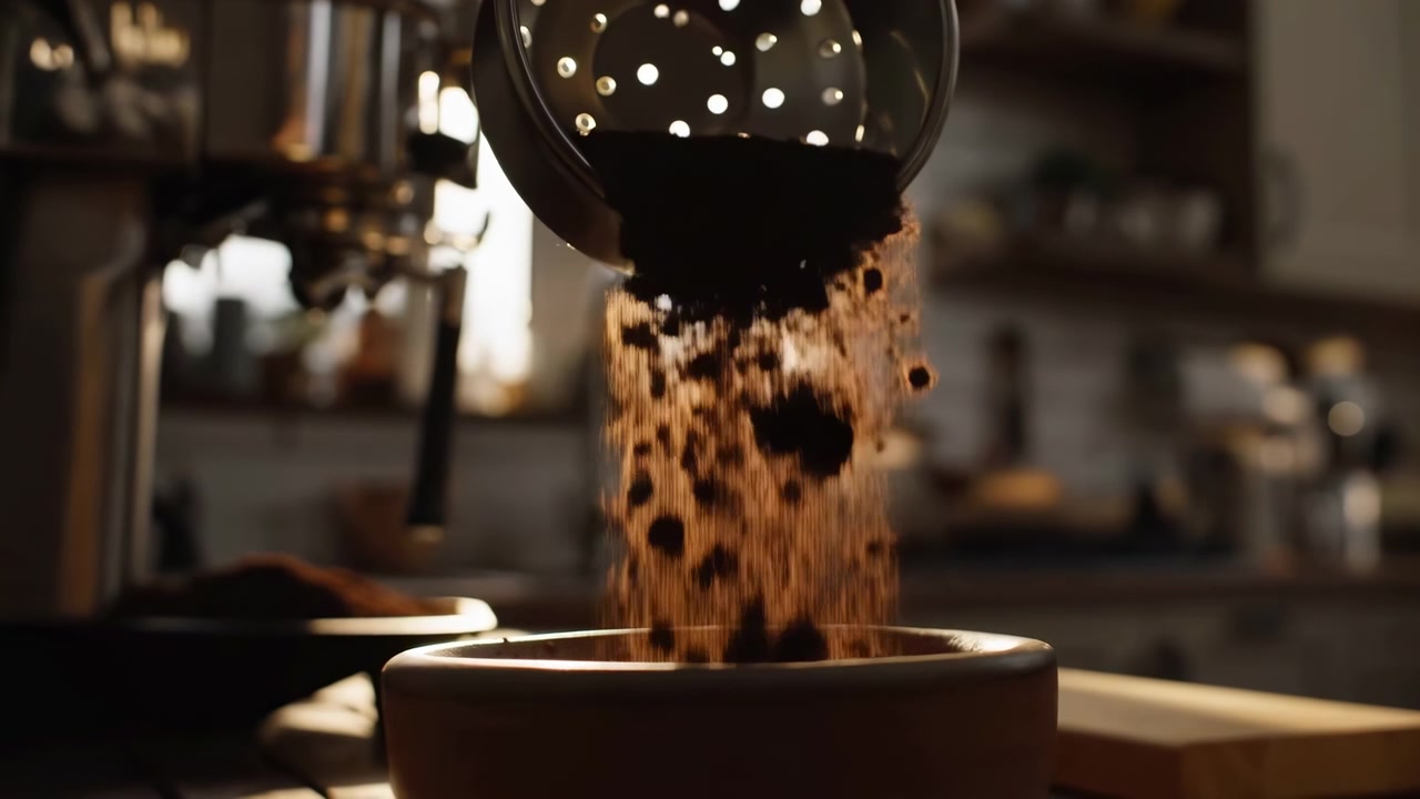 Un portafiltro tenuto sopra un battifiltro in ceramica rilascia fondi di caffè umidi che cadono, si disperdono e si depositano, mentre una calda retroilluminazione evidenzia goccioline, particelle e una ricca texture.
