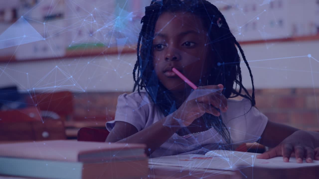 Student pausing with pink pencil then writing rapidly as peer offers green pencil for assignment