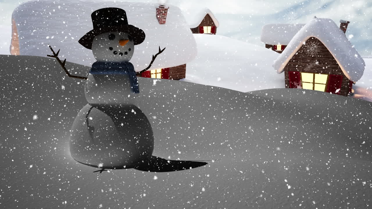 겨울 풍경 에서 미소 짓는 스노우맨 위 에 내리는 눈 의 애니메이션