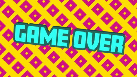texto animado de "juego terminado" con formas hipnóticas en amarillo para videojuegos.