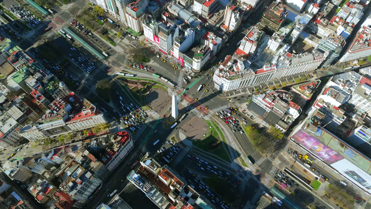 Aerial view of Buenos Aires with iconic obelisk and cityscape of 9 de Julio Avenue. Argentina. 4k.
