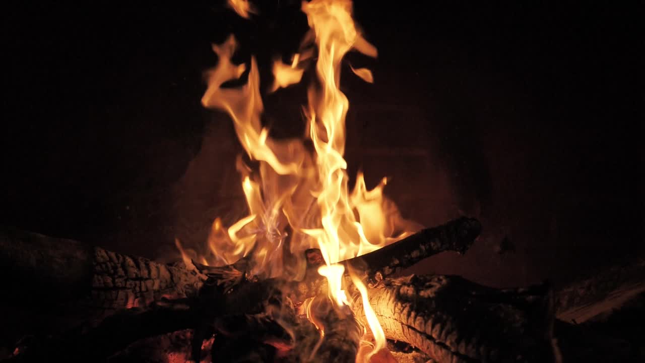 Rising Flames Over Burning Woods With Glowing Ember. Close-up Shot
