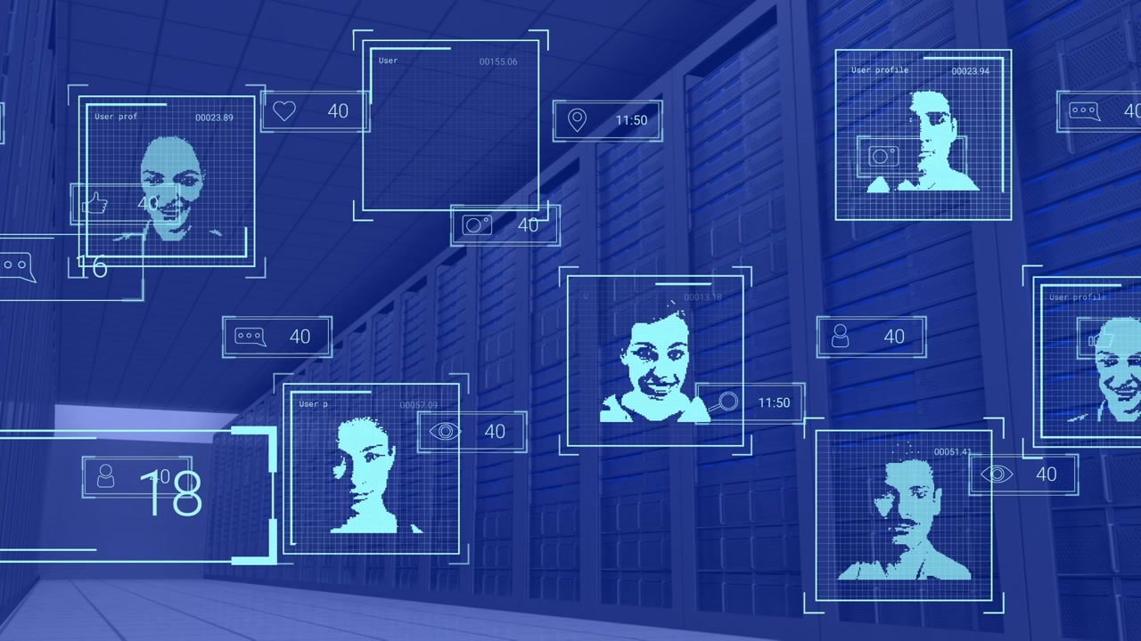 Animation of social media photos and reactions over servers in blue