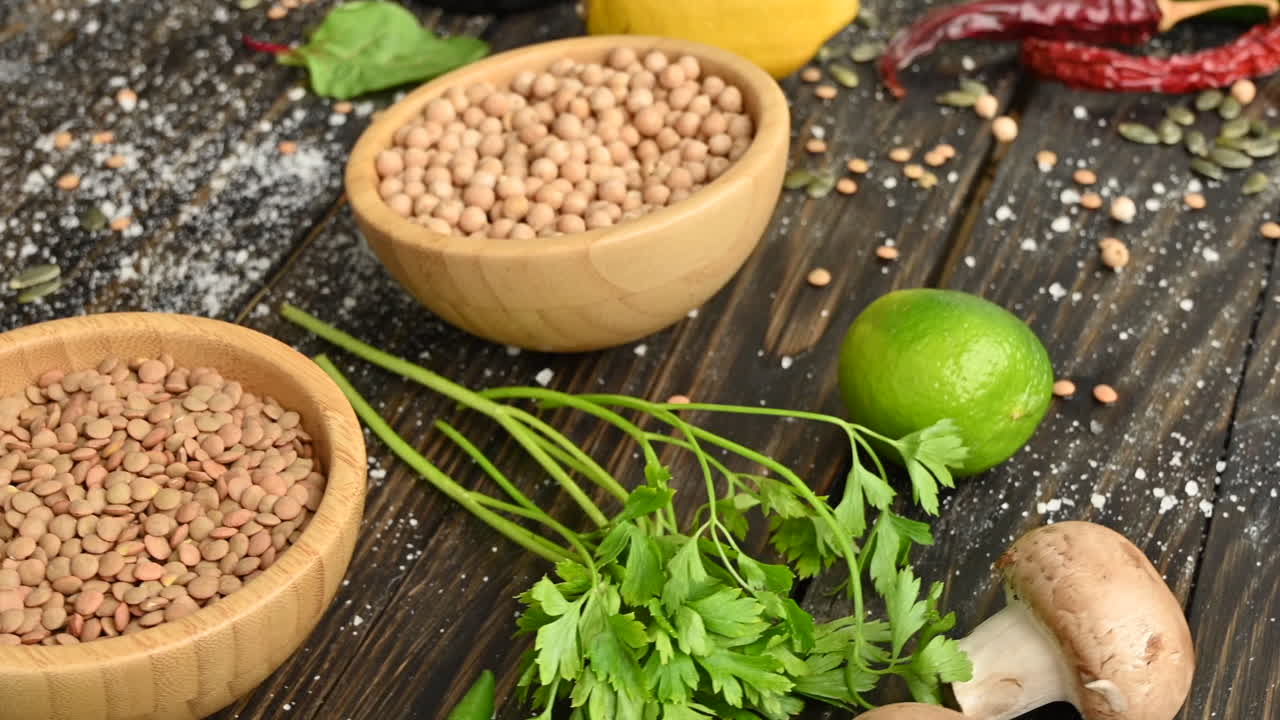 Different types of fruits, vegetables and beans on a wooden surface