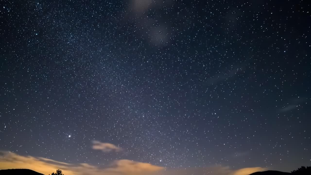 A Stunning Night Sky Transition: Witness the Transformation of Celestial Wonders as Stars Shine Brighter Against a Backdrop of Clouds