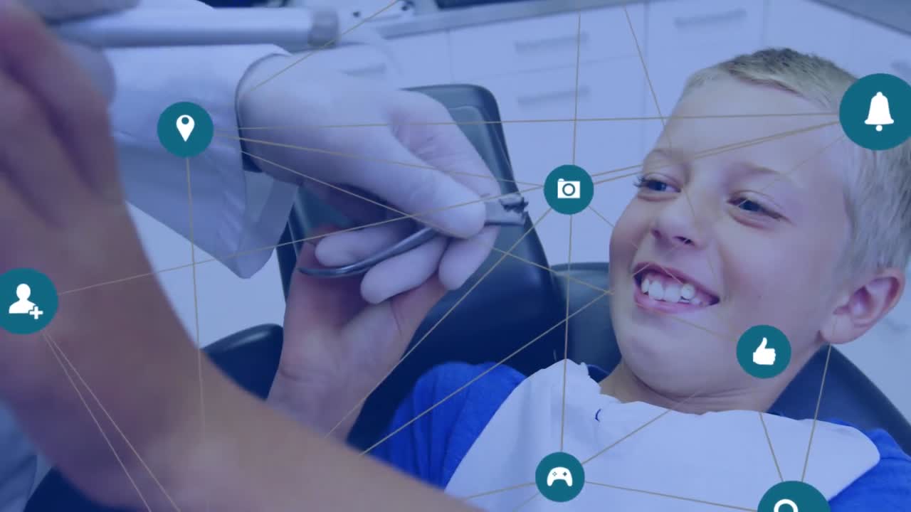 Animation of network of connections with icons over dentist with patient