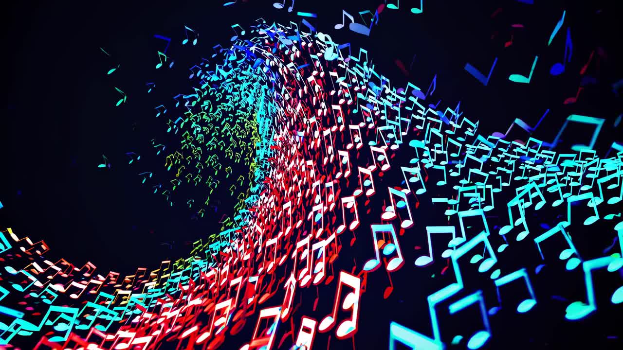 Dynamic wave of colorful musical notes on a dark background, captured from a low-angle
