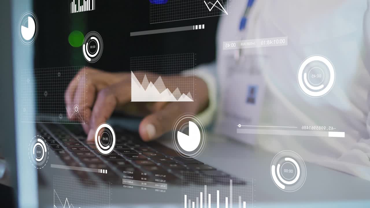 Animation of data processing over african american businessman using laptop