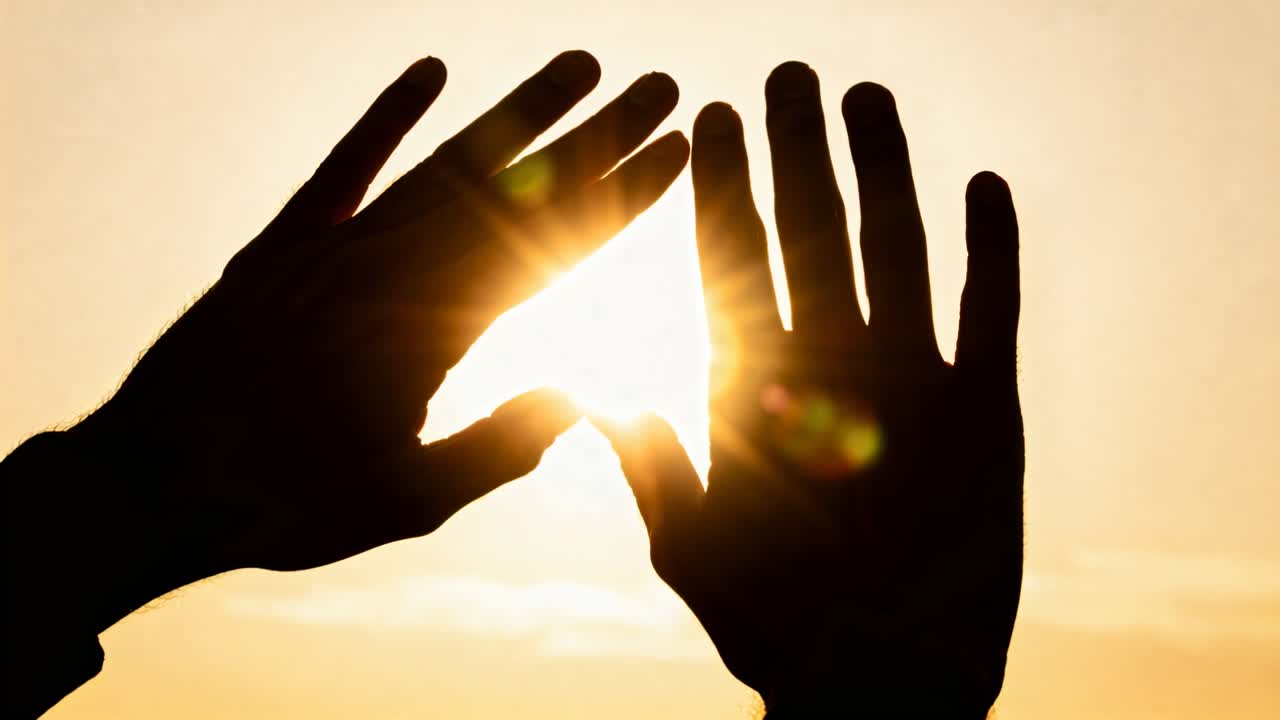 Mani in controluce che reagiscono alla luce bassa del sole, modellano un raggio di sole al tramonto, mostrando lens flare e parte della manica.