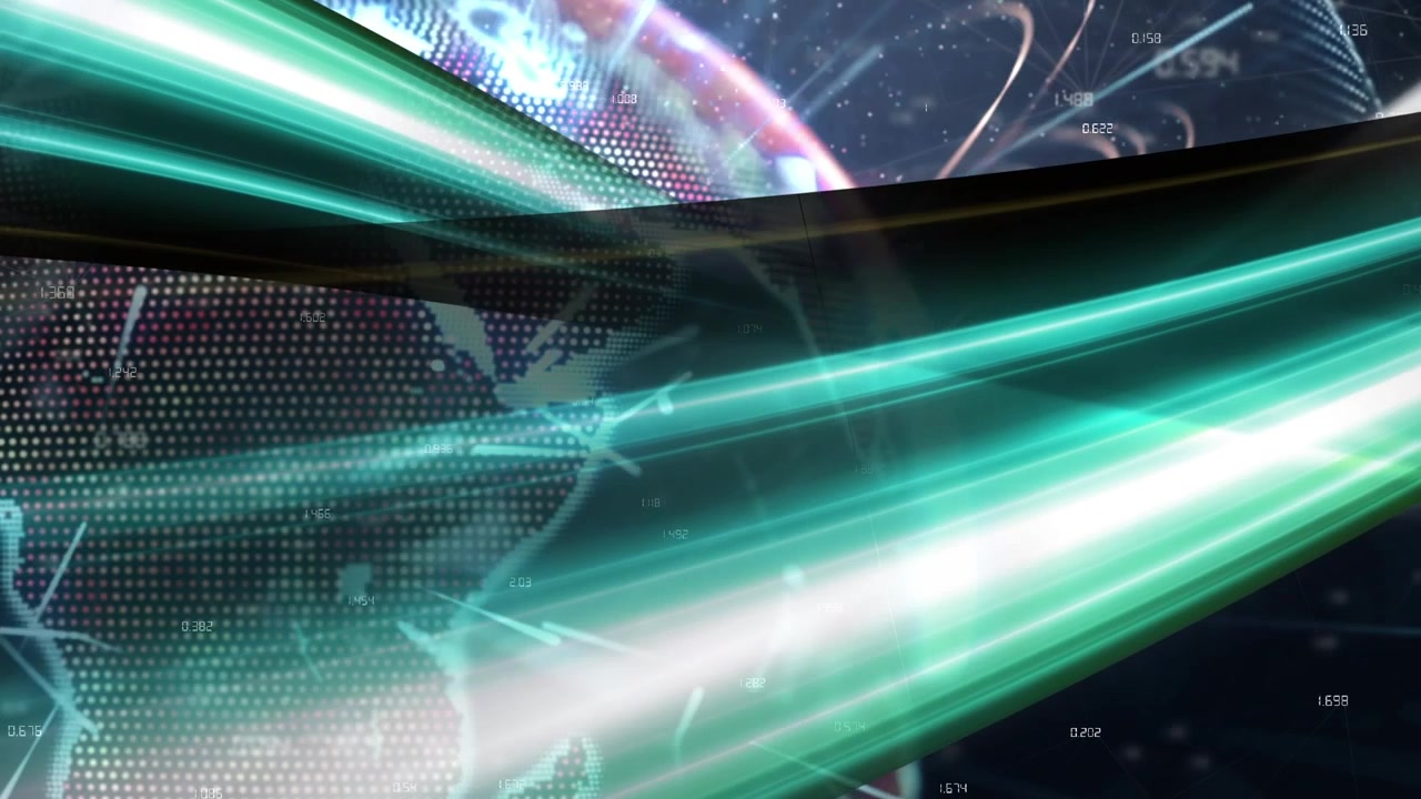 Animation of light trails over spinning globe against blue background