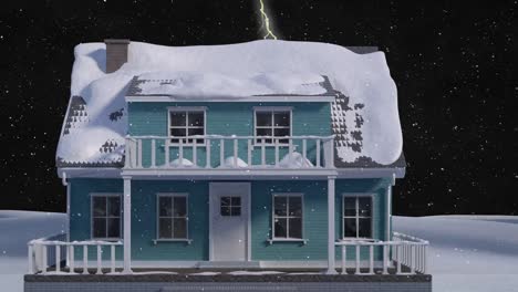 Animation-of-snow-falling-in-night-winter-landscape-with-house