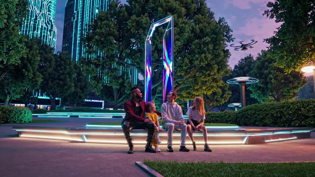 Family enjoying futuristic urban park at night
