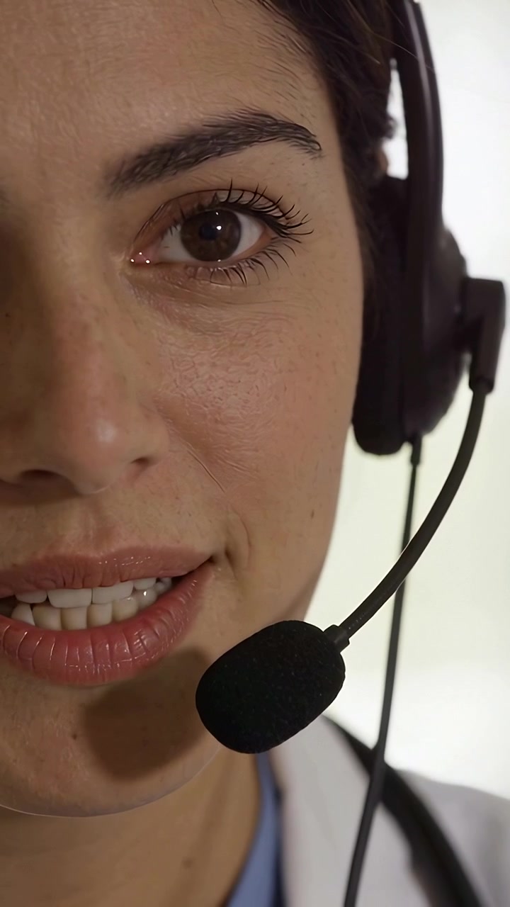 Video verticale: Chiamata in arrivo, medico che consulta tramite auricolare in clinica, in camice bianco con stetoscopio