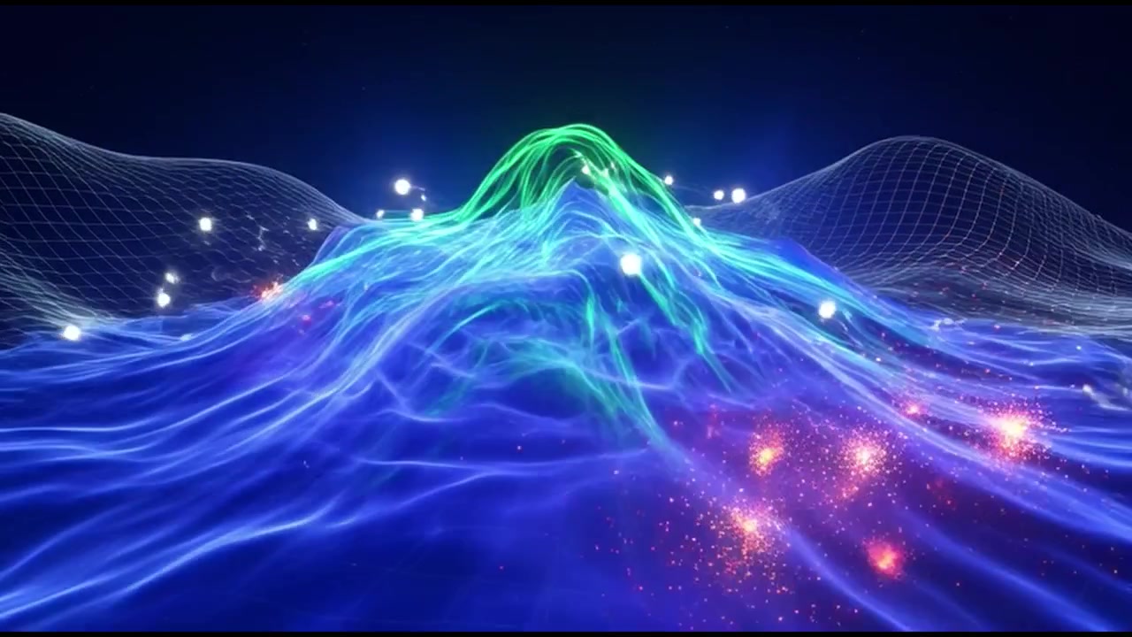 Abstract Digital Landscape with Glowing Waves and Floating Particles