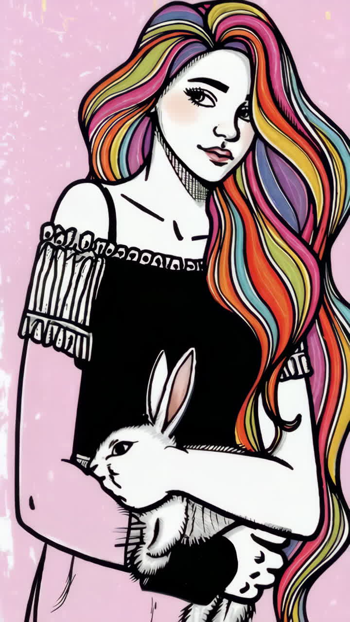Ilustraciones de una mujer con cabello arcoíris sosteniendo un conejo blanco