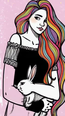 illustrations of a woman with rainbow hair holding a white rabbit