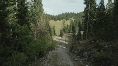 Flying-through-steel-frames-of-abandoned-ski-lift-in-evergreen-forest,-aerial