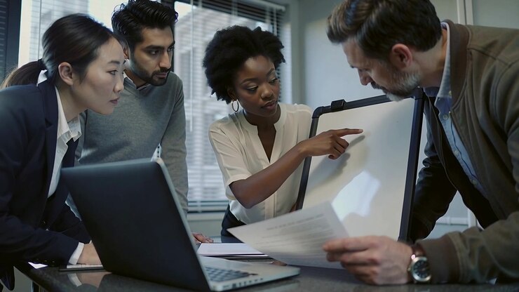 Diverse Business Team Collaborating on Project in Office