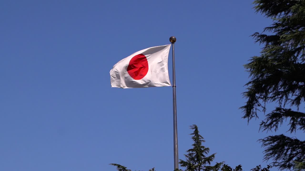 plano medio de la bandera japonesa en el asta de la bandera ondeando en cámara lenta contra el cielo azul con siluetas de árboles