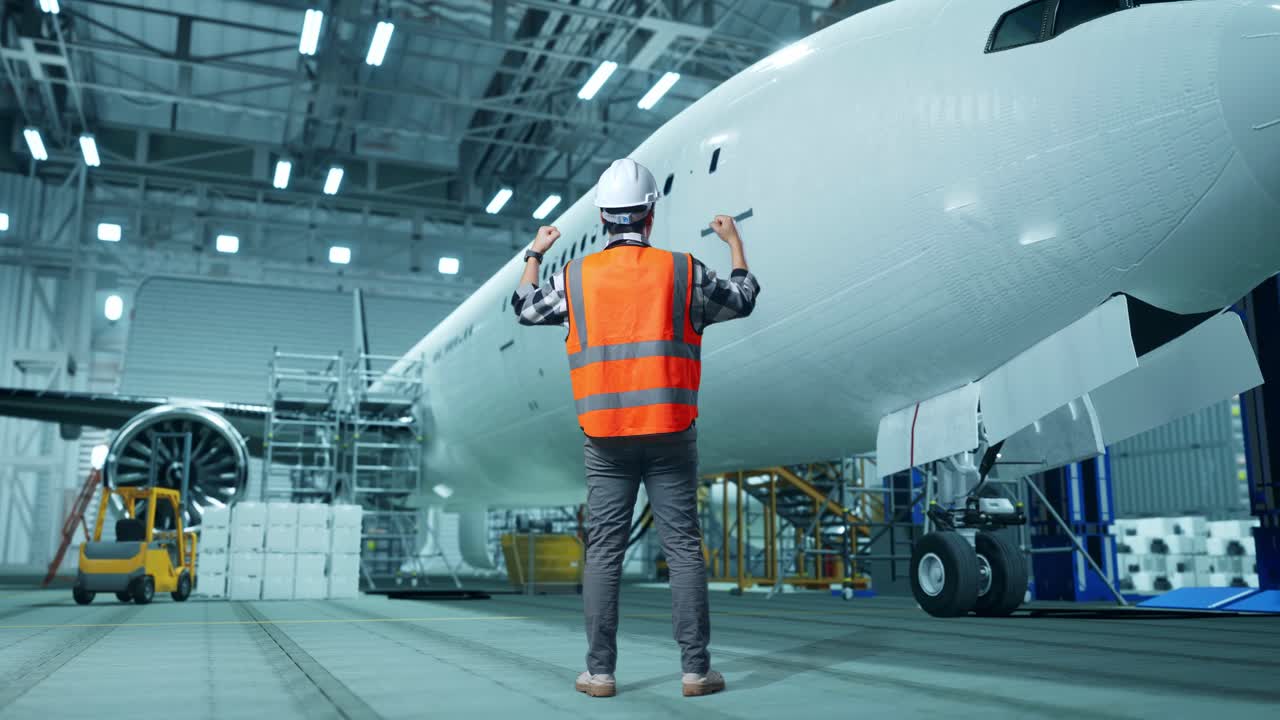 trabajador de mantenimiento de aeronaves celebrando