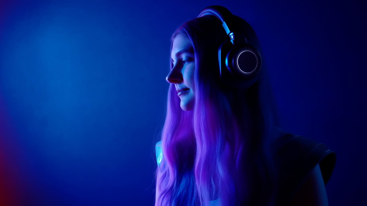 Young Woman with Purple Hair and Headphones in Neon Blue Light