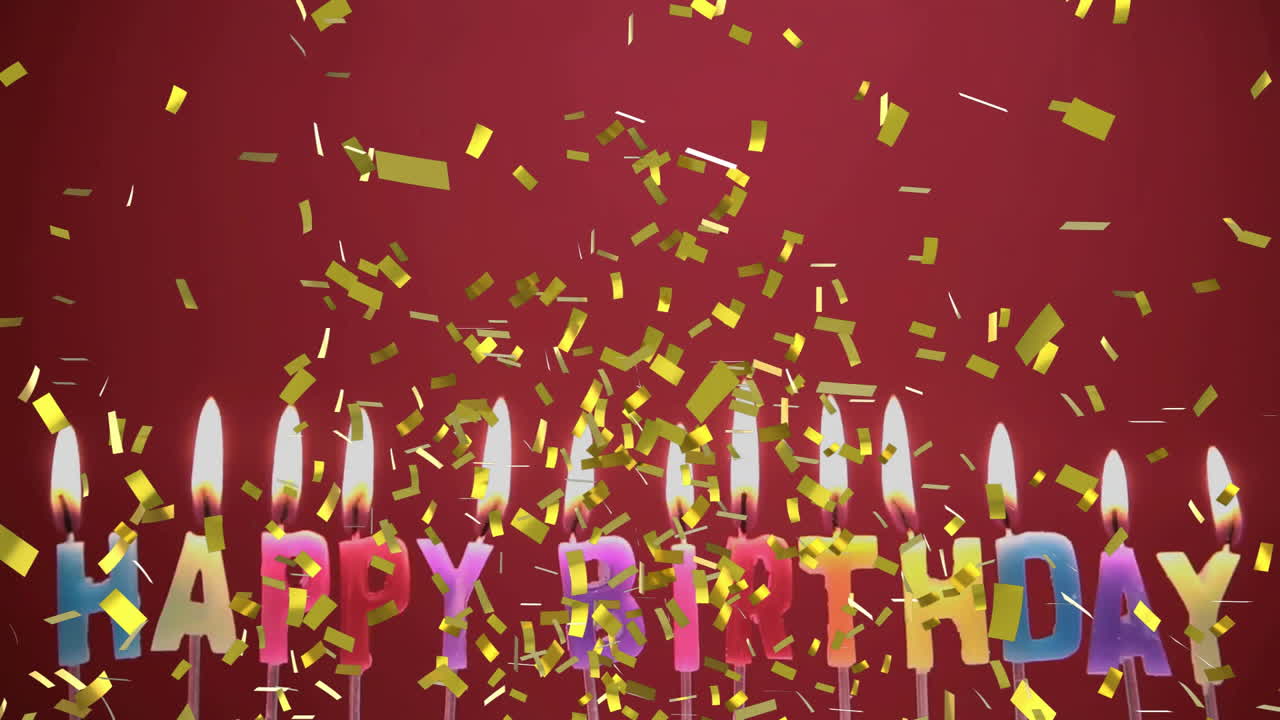 Falling golden confetti with colorful birthday candles burning on red background
