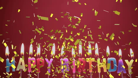 falling golden confetti with colorful birthday candles burning on red background